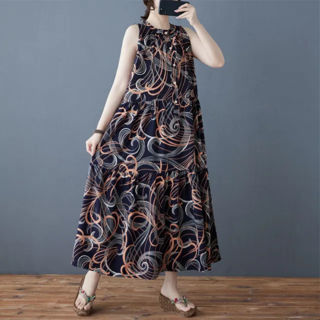 【巴黎精品】女寬鬆連身裙子長裙長洋裝A字裙大尺碼連衣裙休閒大碼女裝(無袖復古印花氣質n1jp34)
