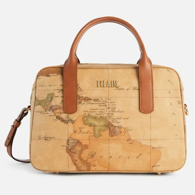 【Alviero Martini】義大利地圖包 手提側背保齡球包29cm(地圖黃) 下單即送品牌鑰匙圈 款式隨機贈送