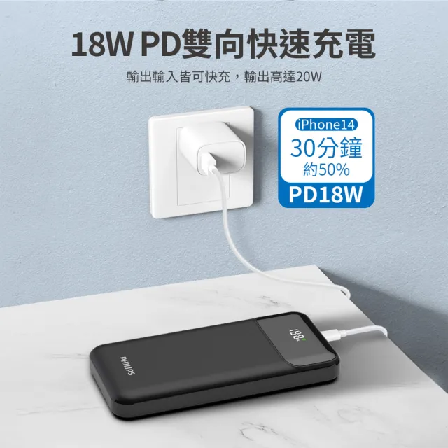【Philips 飛利浦】DLP1912 10000mAh PD18W 2孔輸出 行動電源_37Wh_具Wh標示(自帶3線/Lighting/Type-C)