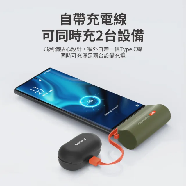 【Philips 飛利浦】DLP2550C 4色可選-4900mAh 10W TypeC直插自帶線口袋行動電源(17.88Wh_具Wh標示)