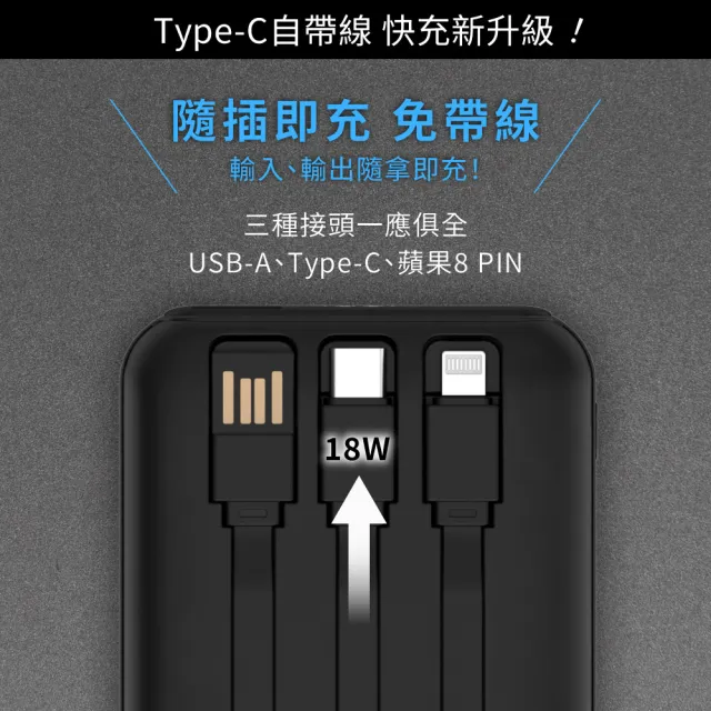 【KINYO】WH標示 10000mAh 20W快充 自帶線磁吸行動電源(KPB-2532B Type-C/蘋果/無線充)