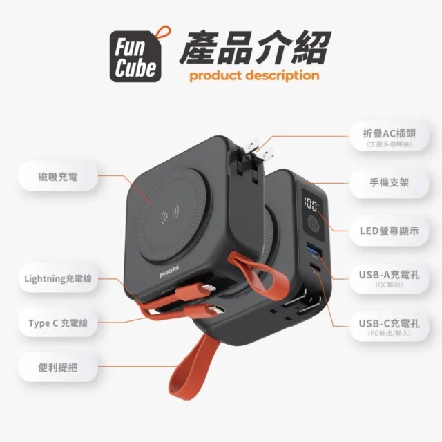 【Philips 飛利浦】DLP4347C-E 10000mAh多合一螢幕顯示行動電源(磁吸/自帶雙線/無線/37Wh_具Wh標示)