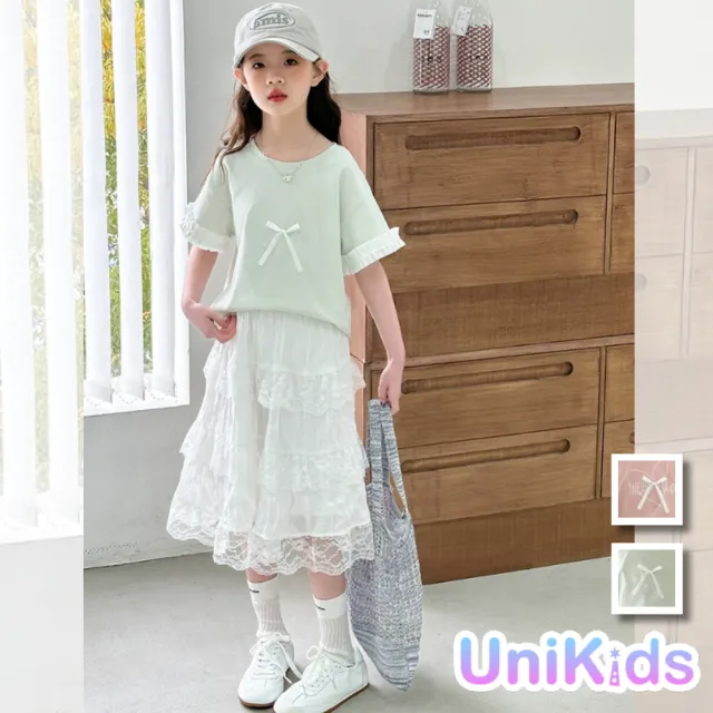 【UniKids】中大童裝短袖T恤 愛心蝴蝶結花邊袖上衣 女大童裝 VPMXBB(粉T 綠T)