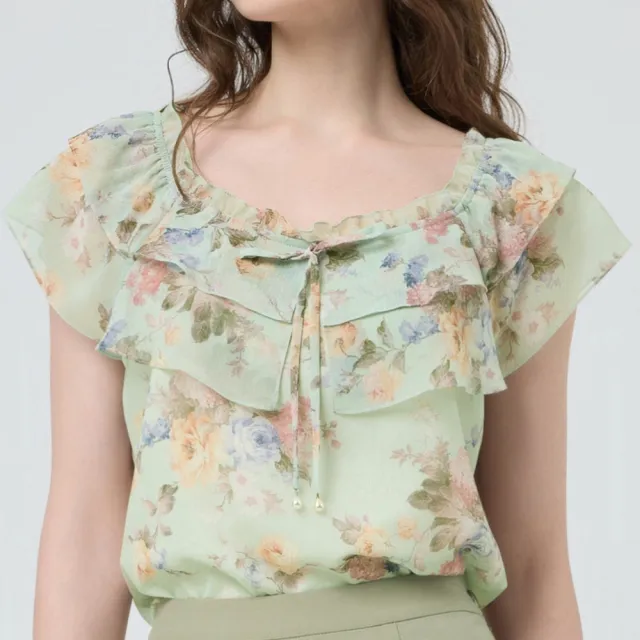 【ILEY 伊蕾】花朵印花荷葉小蓋袖上衣(淺綠；M-XL；1252011463)