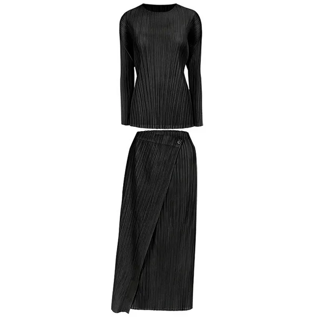 【米蘭精品】現貨+預購 三宅風皺褶衣服套裝女長袖上衣長裙摺衣彈力女裝顯瘦折衣大碼(開叉5色74cg9)