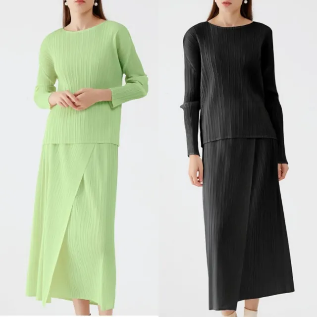 【米蘭精品】現貨+預購 三宅風皺褶衣服套裝女長袖上衣長裙摺衣彈力女裝顯瘦折衣大碼(開叉5色74cg9)