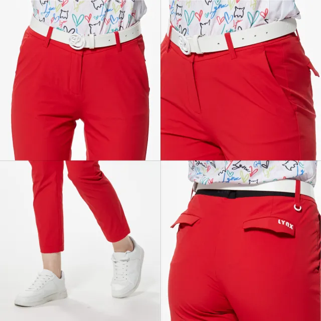 【Lynx Golf】女款彈性舒適極簡風格LOGO壓紋織帶剪接俏皮袋蓋矽膠標造型窄管九分褲(二色)