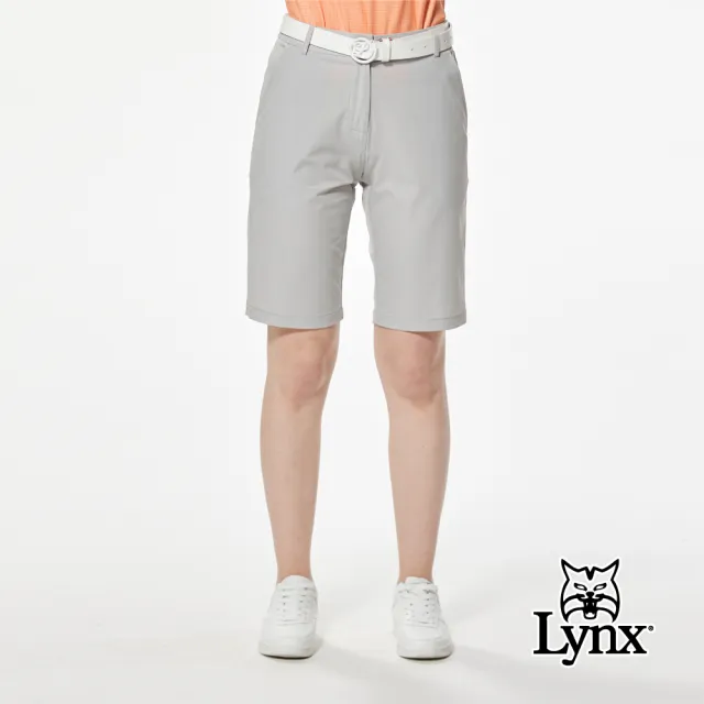【Lynx Golf】女款四面彈性素面款腰圍羅紋織帶剪接設計經典山貓膠標造型直筒五分褲(深灰色)