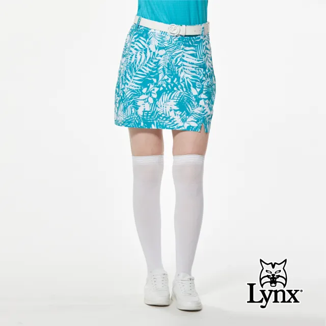 【Lynx Golf】女款環保紗四面彈性清新感樹葉印花Lynx膠標下擺開杈造型運動短裙(二色)
