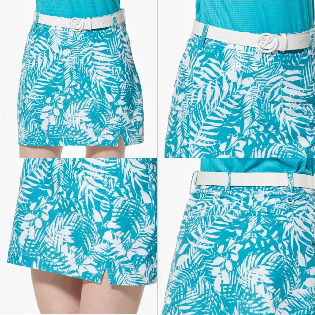 【Lynx Golf】女款環保紗四面彈性清新感樹葉印花Lynx膠標下擺開杈造型運動短裙(二色)