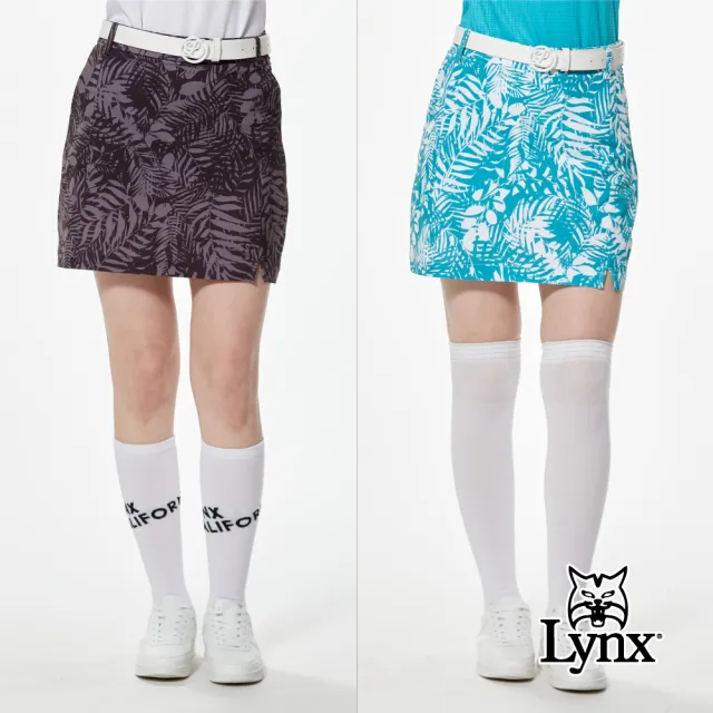 【Lynx Golf】女款環保紗四面彈性清新感樹葉印花Lynx膠標下擺開杈造型運動短裙(二色)