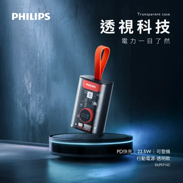 【Philips 飛利浦】DLP5715C 10000mAh 22.5W透明工業美學行動電源(掛繩設計/急速滿電/36Wh_具Wh標示)