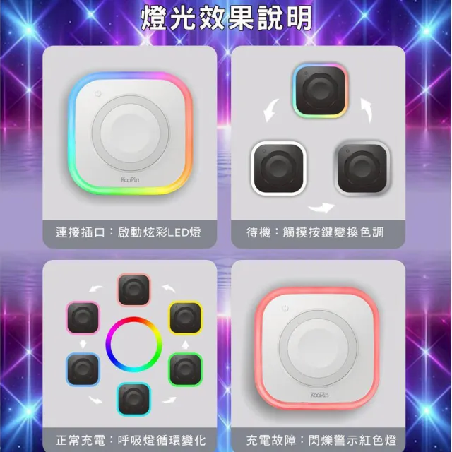 【KooPin】台灣製造 炫彩LED三用磁吸15W無線充電器/充電盤(夜燈/手機/Watch/Airpods)