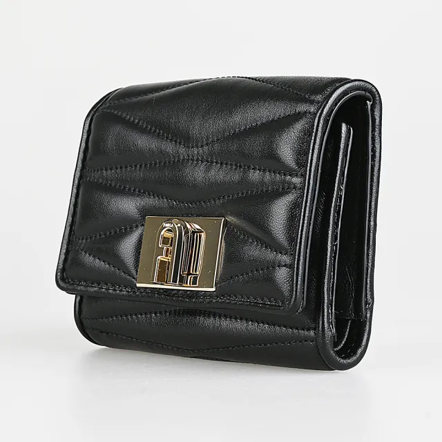 【FURLA 芙拉】FURLA 1927系列絎縫線設計轉釦翻蓋短夾(黑)
