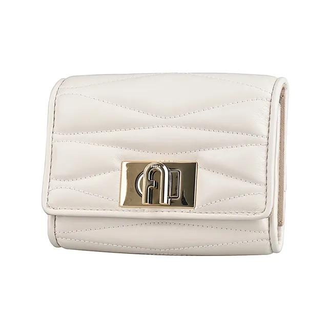 【FURLA 芙拉】FURLA 1927系列絎縫線設計轉釦翻蓋短夾(自然白)
