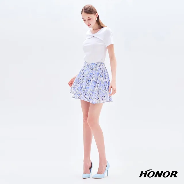 【HONOR 山形屋】出清品 輕盈花卉拉鍊鬆緊腰短裙-藍(限定出清)