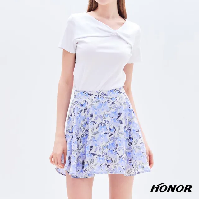 【HONOR 山形屋】出清品 輕盈花卉拉鍊鬆緊腰短裙-藍(限定出清)