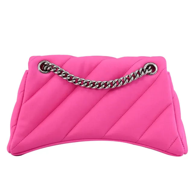 【Balenciaga 巴黎世家】CRUSH 品牌B字LOGO絎縫布料肩斜三用沙漏包鍊包(桃紅)