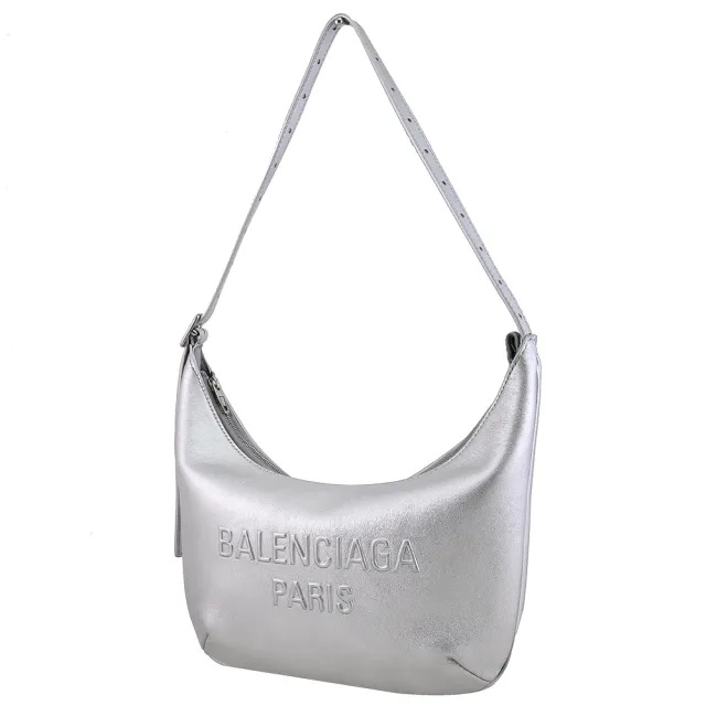 【Balenciaga 巴黎世家】MARY KATE 簡約LOGO柔軟牛皮手提包彎月包肩背包(銀)