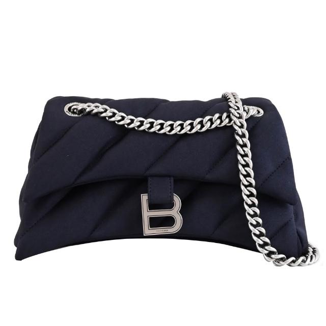 【Balenciaga 巴黎世家】CRUSH 品牌B字LOGO絎縫布料肩斜三用沙漏包鍊包(黑)