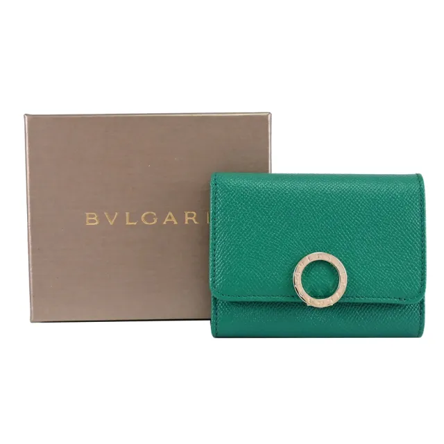 【BVLGARI 寶格麗】簡約金屬圓釦LOGO撞色牛皮三折零錢短夾(綠)