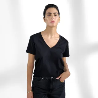 【Bread & Boxers】女用優雅V領純棉T恤 - 黑 短t 素t 女上衣 短袖上衣 女t恤 V領