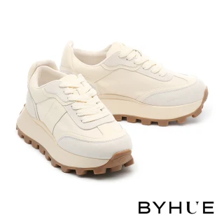 【BYHUE】日常百搭LOGO異材質綁帶軟芯厚底休閒鞋(白)