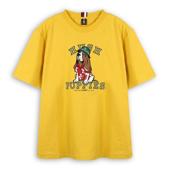 【Hush Puppies】男裝 T恤 精緻花襯衫漁夫帽狗刺繡寬版T恤(深黃 / 53111907)