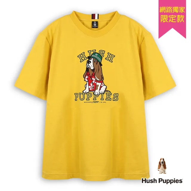【Hush Puppies】男裝 T恤 精緻花襯衫漁夫帽狗刺繡寬版T恤(深黃 / 53111907)