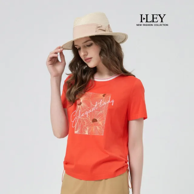 【ILEY 伊蕾】撞色圓領刺繡印花純棉上衣(桔；M-XL；1252341201)
