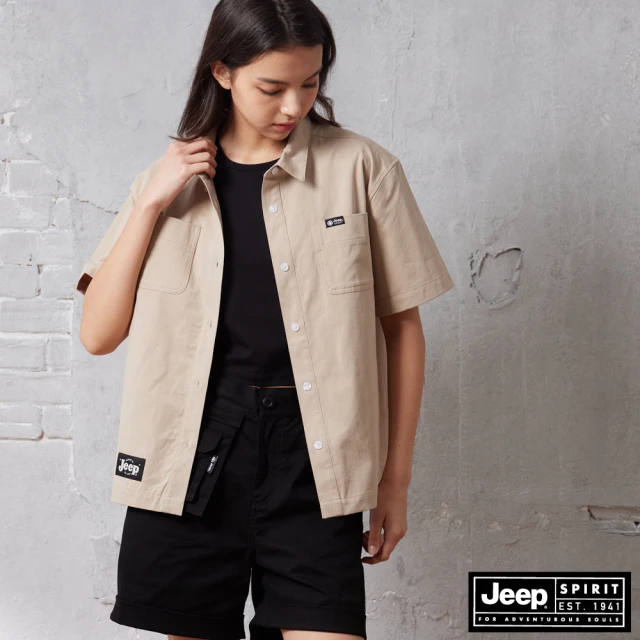 【JEEP】女裝 美式休閒雙口袋短袖襯衫(卡其色)