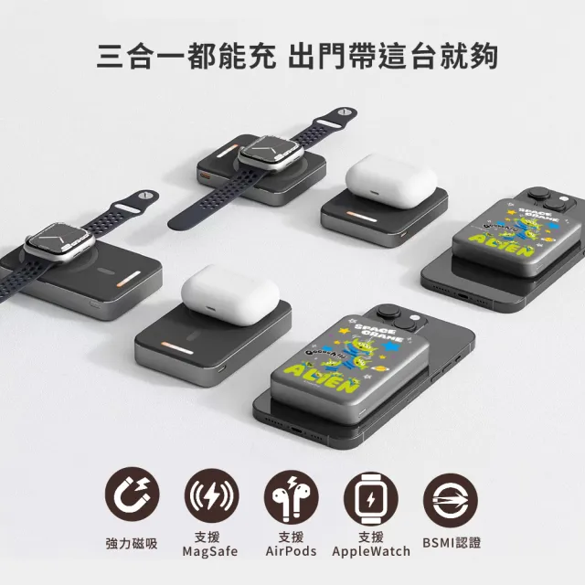 【Disney 迪士尼】手錶磁吸三合一魔方行動電源 5000mAh (三眼怪/P-174)