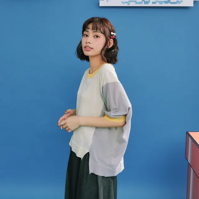 【Dailo】撞色拼接飛鼠袖短袖針織上衣(藍 紫 灰/魅力商品)