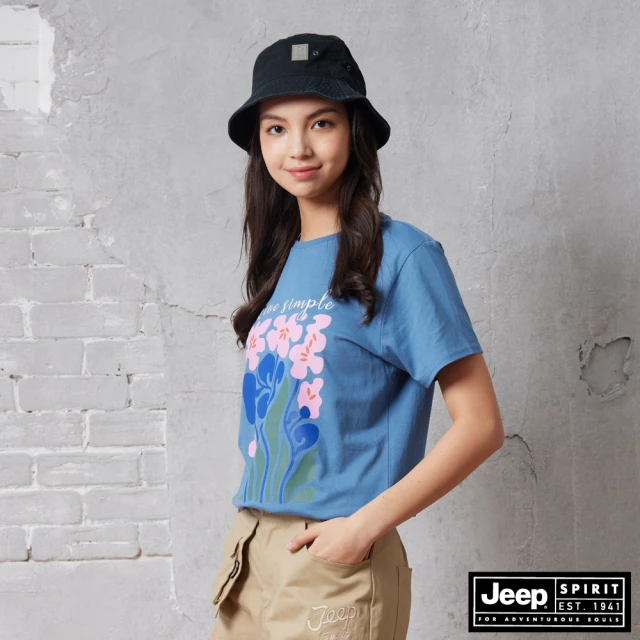 【JEEP】女裝 花卉塗鴉純棉短袖T恤(藍色)