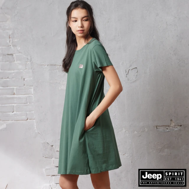 【JEEP】女裝 素面簡約短袖連身裙(綠色)