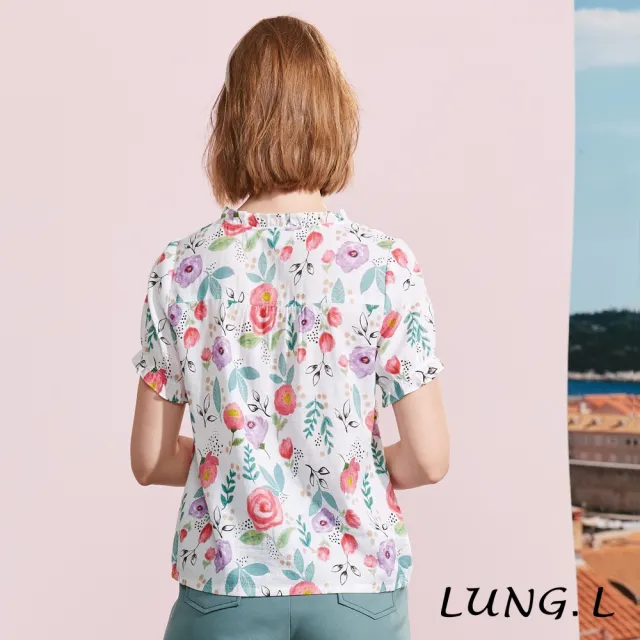 【LUNG.L 林佳樺】LR82A 白色底亮麗印花荷葉領棉質短袖女裝上衣(春夏新品)
