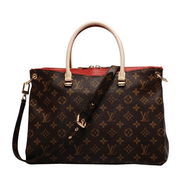 全新 LOUIS VUITTON 路易威登 M41175 Monogram Pallas 拼接皮革手提肩揹包，採用高質帆布與牛皮拼接設計，搭配原廠防塵套與可拆式背帶，咖啡色系與紅色系雙色選擇，適合女性日常使用，拉鍊式開口，內附3個內袋與底珠設計，輕便實用。