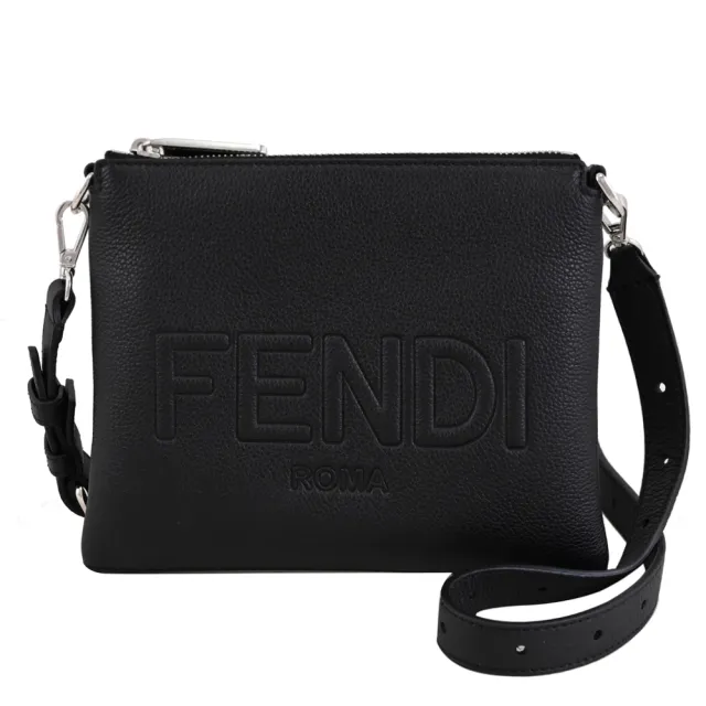 【FENDI 芬迪】FF Afte 經典LOGO壓印荔枝牛皮秀包斜背包(黑)