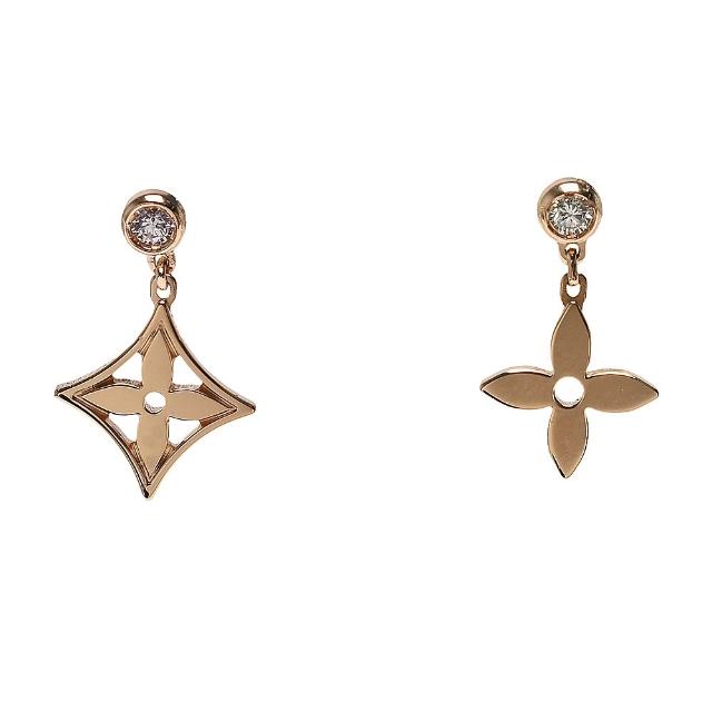 全新 LouisVuitton路易威登 Q96169 鑽石鑲飾 18K 金不對稱穿式耳環，採用高品質 K 金製成，搭配精緻鑽石裝飾，展現經典 IDYLLE BLOSSOM 系列設計風格，適合日常佩戴與特殊場合，附精美包裝盒，是優雅時尚的完美選擇。