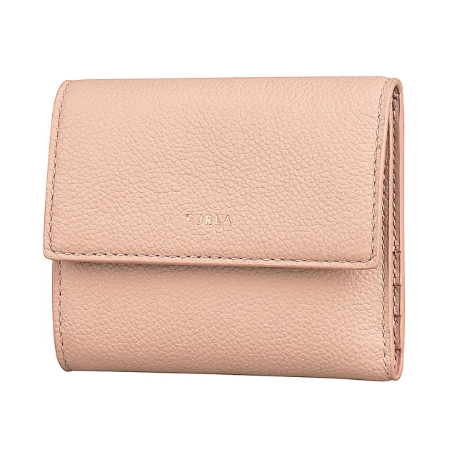 【FURLA 芙拉】FURLA GOCCIA 字母LOGO荔枝紋皮革6卡釦式短夾(粉末粉)