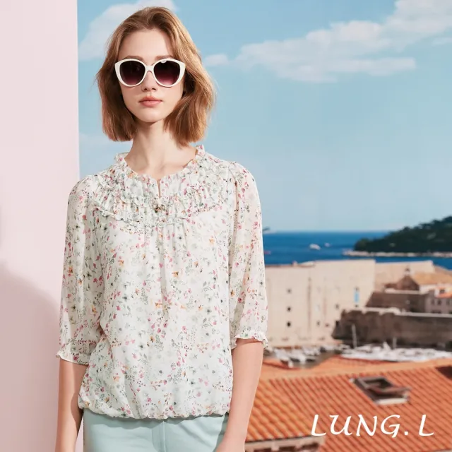 【LUNG.L 林佳樺】LR50A 白色小碎花造型荷葉領五分袖女裝上衣(春夏新品)