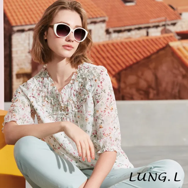 【LUNG.L 林佳樺】LR50A 白色小碎花造型荷葉領五分袖女裝上衣(春夏新品)
