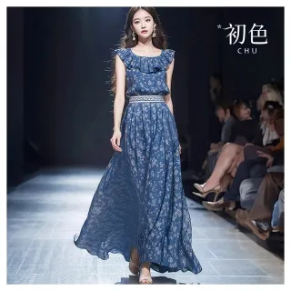 【初色】法式碎花印花荷葉領無袖收腰顯瘦中長裙連衣裙連身洋裝長裙-藍色-12823(M-XL可選)