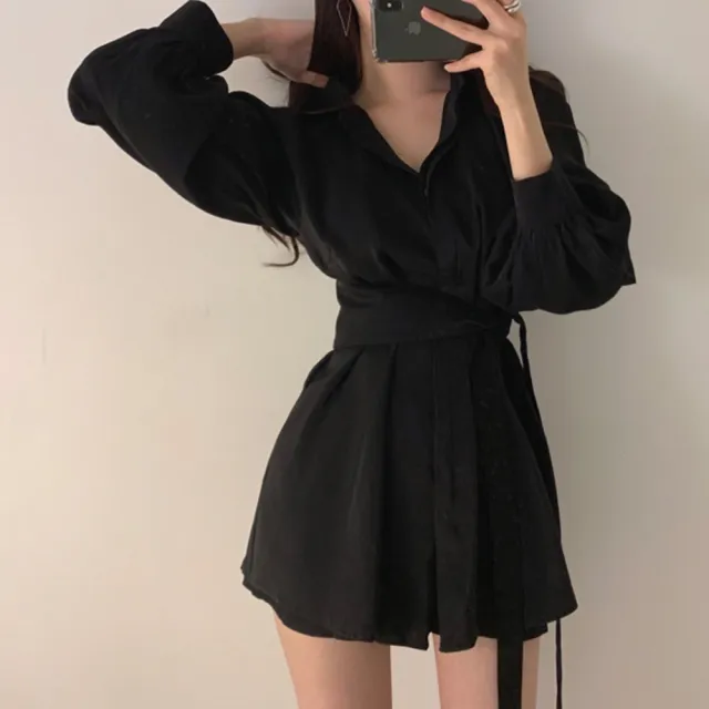 【D.studio】韓版氣質顯瘦綁帶設計感洋裝(套裝連身裙長袖上衣女裝 衣服 顯瘦上衣長袖t恤冬裝連衣裙 S216)