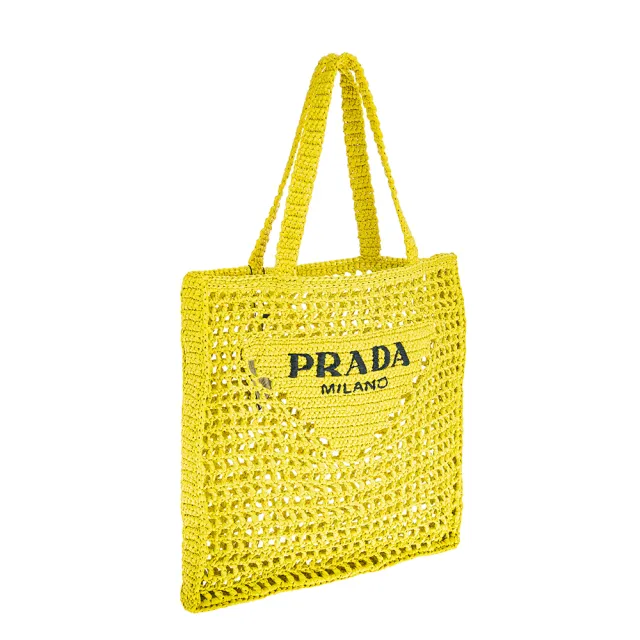 【PRADA 普拉達】經典三角形LOGO刺繡字樣標誌拉菲草手提/肩背包(芥末黃)
