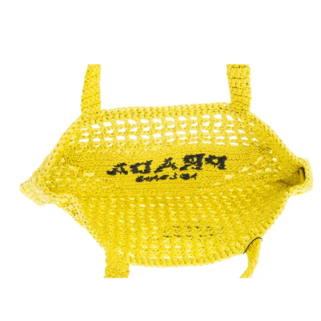 【PRADA 普拉達】經典三角形LOGO刺繡字樣標誌拉菲草手提/肩背包(芥末黃)