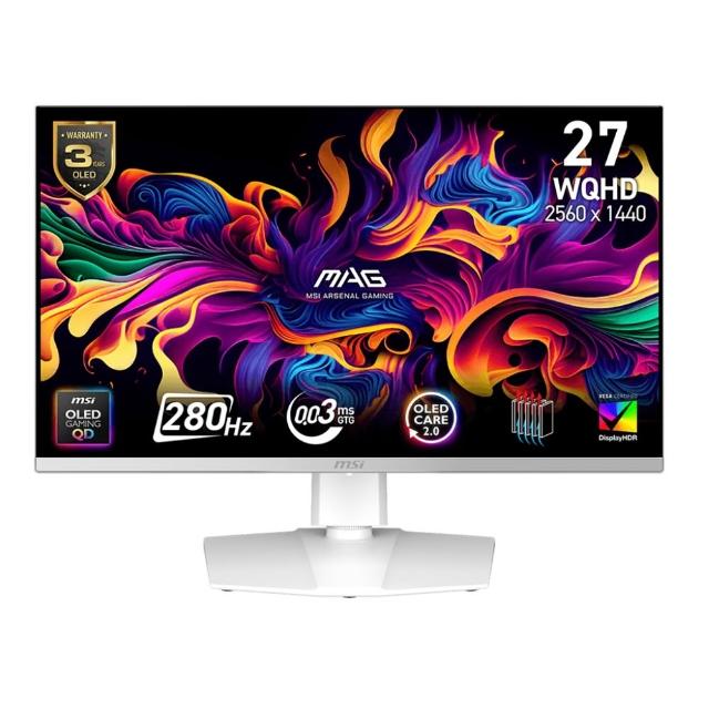 MSI微星 MAG 272QPW QD-OLED 電競螢幕，26.5吋 QD-OLED 面板，2560 x 1440 解析度，280Hz 高重新整理率，0.03ms 反應時間，支援 Adaptive-Sync 技術，抗藍光與護眼功能，廣視角178°，適合電競、追劇、辦公及學生使用，提供高畫質與流暢視訊體驗。