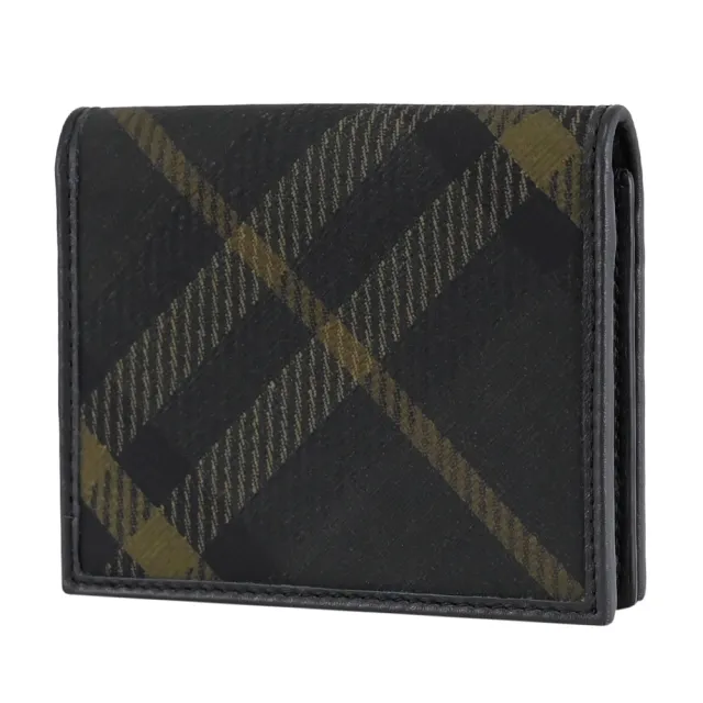 【BURBERRY 巴寶莉】英系格紋塗層布信用卡零錢包簡易短夾(深綠/黑)