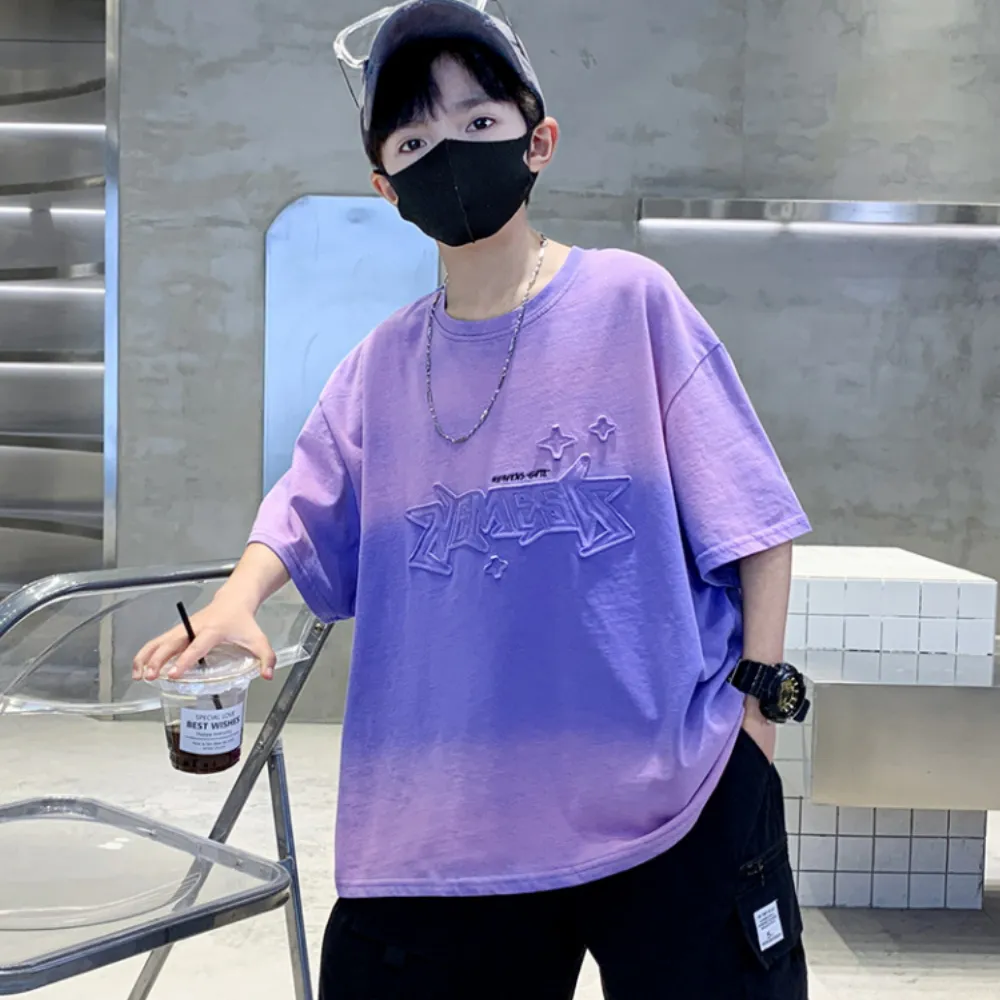 【UniKids】中大童裝短袖T恤漸變色字母 男大童裝 CVTXA51015(玫紅 紫)