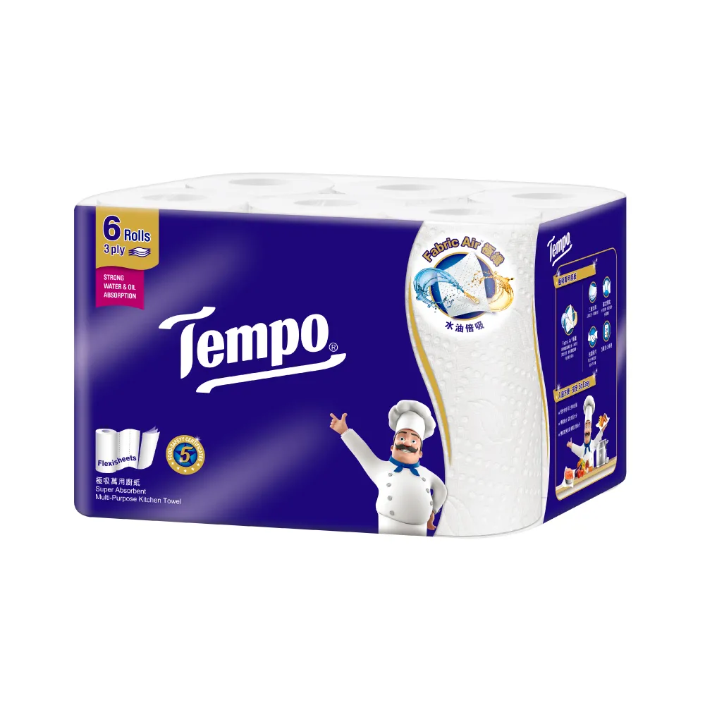 【TEMPO】極吸萬用3層捲筒廚房紙巾/120張共24捲入/箱購(萬用紙巾/廚房料理必備/食安認證/擦手紙)